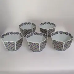 ［未使用］有田焼龍峰窯京紫六角小鉢５客セット色絵七宝小付