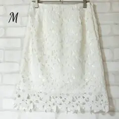 アンデミュウ ホワイト 花柄刺繍 レース タイトスカート M 膝丈