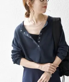 【美品】SHIPS any ワッフルヘンリーネック ラウンドヘム プルオーバー