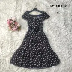 【美品♡希少40】エムズグレイシー　シフォンリボンフレアワンピース　黒　ドット
