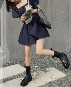 新品　新作ミニ丈ワンピース　ネイビー　ドレス　韓国　オルチャン　送料無料