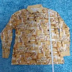 激レア　総柄　地図柄　ロングポロシャツ　ゴルフシャツ古着　ベージュ