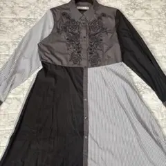 【大人可愛い】iS ScoLar イズスカラー 異素材切替シャツワンピース 黒M