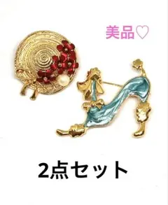 美品 ブローチ 2点セット リボン フラワー ゴールド アクセサリー レディース