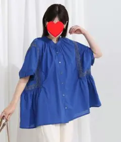 smarika 花柄刺繍コットンブラウス　はしごレース　バンドカラー　インド綿