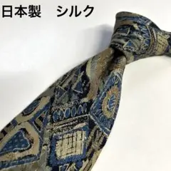 日本製　幾何学模様 シルクネクタイ 青と濃ベージュ系