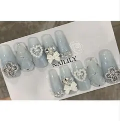 ネイルチップ キラキラ ワンホン ビジュー ハート リボン ガーリー 韓国