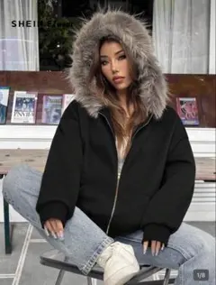SHEIN ブラック ファー付きパーカー ファーパーカー　黒