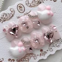 ネイルチップ 量産型 地雷 サブカル 天使界隈 ピンク 白 猫 リボン ハート