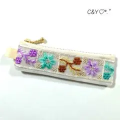 【ハンドメイド】インド刺繍リボンポーチ㉑　リップクリーム印鑑ケース　キーホルダー