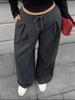 レディースワイドパンツ　ストライプ柄 ルーズ ストレートレッグ カジュアル