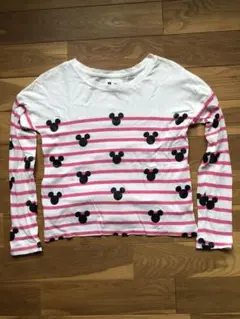 GAPディズニー　ミッキーマウス　ピンクボーダー　白 綿長袖Tシャツ　130