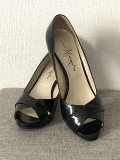 銀座かねまつ ブラック 黒 エナメル オープントゥハイヒール パンプス 23.5