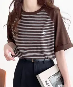 【新品タグ付き】 《JaVaジャバコラボ》配色ボーダーTシャツ　ブラウン　Mのサムネイル