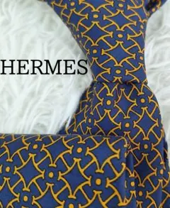 美品◎HERMES エルメス ネクタイ 幾何学模様 ネイビー系 イエロー系