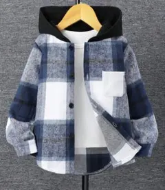 フード付きチェックシャツ ネイビー
