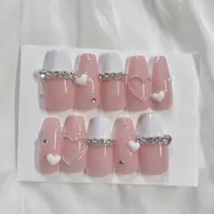 〖現品〗ネイルチップ フレンチガーリー ワンホン ハート 量産型