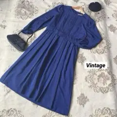⭐️レトロ古着　青　セットアップ風　タック　ワンピース⭐️昭和　ヴィンテージ 春