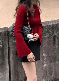 ショート丈フレアスリーブニットトップス　レッド