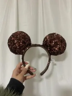 ブラウン ミッキーマウス耳型カチューシャ　スパンコール