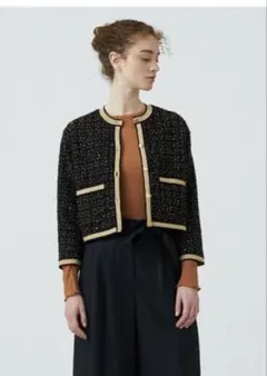 ボールジーニットコンビツイード クルーネックジャケット黒