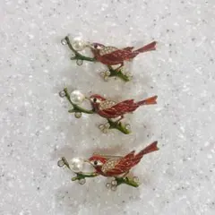 【3点セット】パールビーズと赤い鳥のブローチ ヴィンテージ風 海外製品