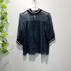 ★アースミュージックアンドエコロジー ライン入りリブレースプルオーバー 透け感