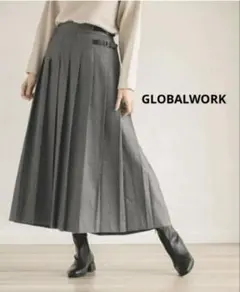 グローバルワーク　チェックキルトプリーツスカート　後ろゴム　ロング　バックル