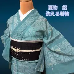 ☆夏物 洗える 絽 着物 小紋 ターコイズブルー 蜻蛉 トンボ 流水文