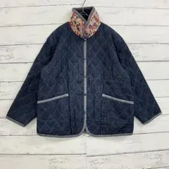 花柄襟 キルティング デニム風 ブルゾン 花柄 ネイビー レディース S 상당