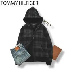 トミーヒルフィガー 裏ボア ジップアップパーカー M チェック柄 灰 x 黒