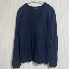トミーヒルフィガー ニット Vネック 長袖 ワンポイント S 紺 綿 デイリー