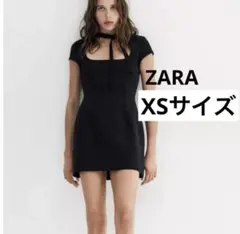 【ZARA】完売品XS リボンディテールショートワンピース タイリボン ブラック ZARA】完売品XS リボンディテールショートワンピース タイリボン
