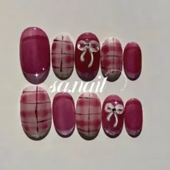 ネイルチップ　現品　オーダー　赤　ピンク　チェック　ぷっくりリボン no.64