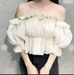 SNIDEL ボリュームギャザーフリルオフショルブラウス ドット