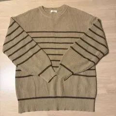 ベージュとブラウンのストライプニットセーター 4L