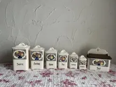 値下げフランスアンティークバラ柄の陶器のキャニスター6個セット& SELボックス