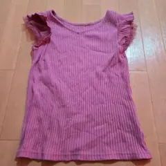 ピンク リブ編み フリル袖 Tシャツ