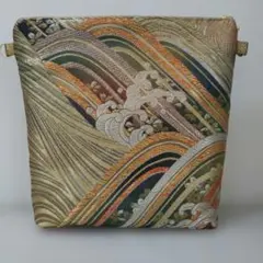 正絹袋帯(美品 波 桜 唐織り金銀糸 金色)リメイクショルダーバック