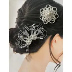 《セットでお得》和装　髪飾り　水引アクセサリー　2点セット　シルバー×ホワイト