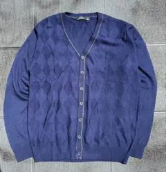 ヴィンテージ カーディガン 青 ダイヤ柄 ニット 古着 一点物　男女兼用