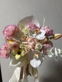 ウェディングブーケ・ブートニアセット ピンクピーチ 造花ブーケ