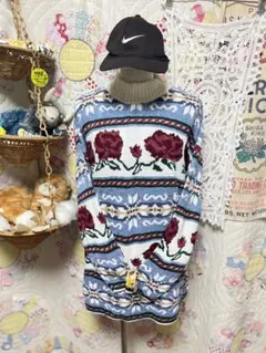 アメリカ製　ニット　セーター　花柄　フラワー　古着　総柄　vintage