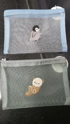 メッシュポーチ 2点セット ペンギン ラッコ　セリア