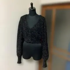 ラメ入り黒Vネッククロップドトップス　Heather