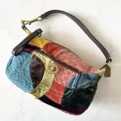 コーチ ターンロック パッチワーク ワンショルダーバッグ マルチカラー スエード