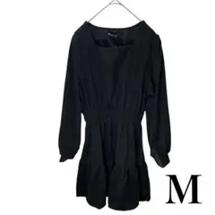 ミニワンピース 長袖 膝上 Aライン ティアード パフスリーブ　中厚手　M