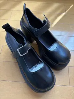 厚底 メリージェーン パンプス スクエアヒール ブラック