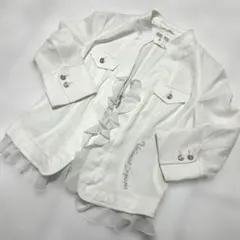 ホワイト ノーカラージャケット フリル付き7分袖42 春夏　美品