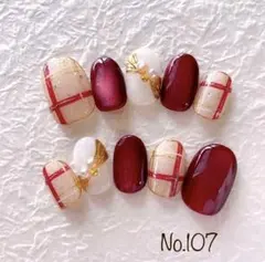オーダーネイルチップ No.107 レッド系 微粒子マグ リボン クリスマス